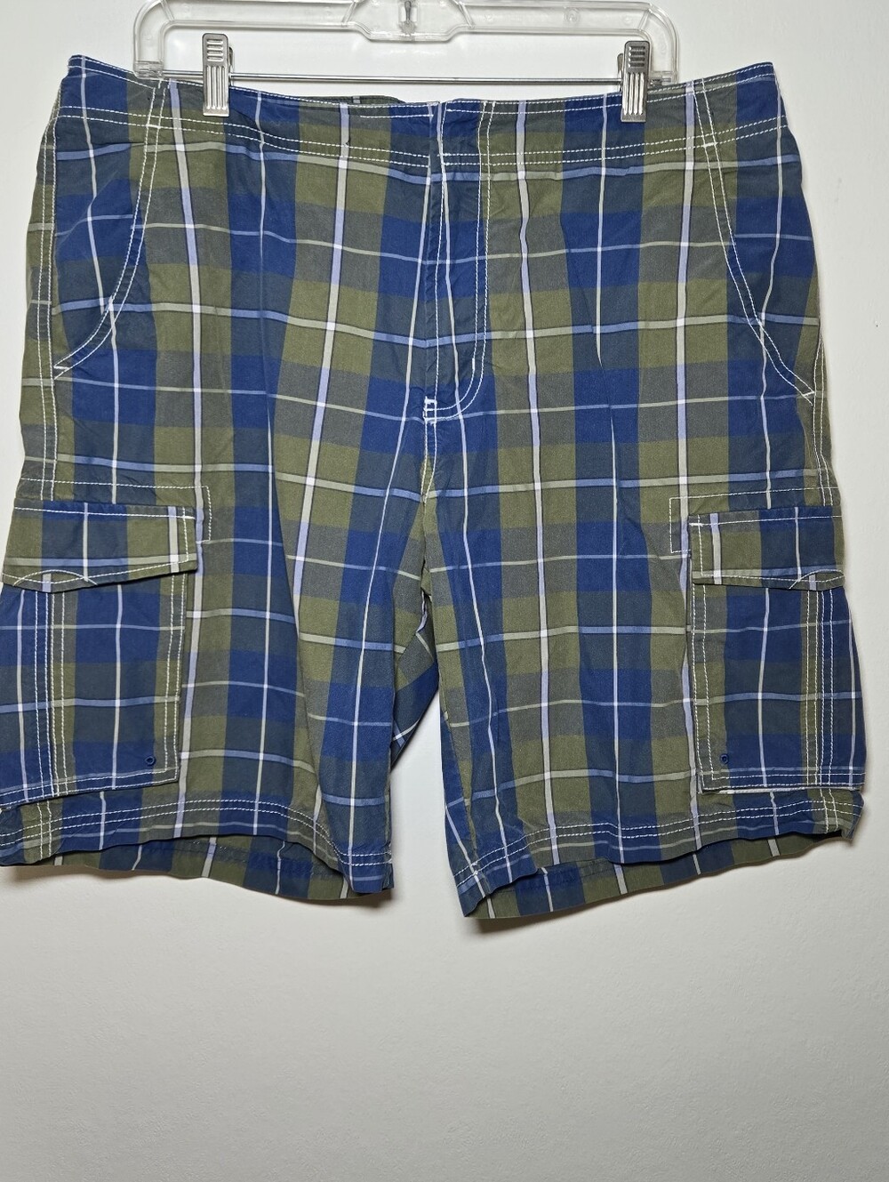 L.L. Bean Mens Cargo Mesh Lined Hiking Shorts Green Blue Plaid Size 36 OJAJ8